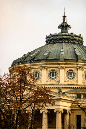Detail view over the Romanian Athenaeum or Ateneul Roman, in the center of Bucharest capital of Romaniaのeditorial素材