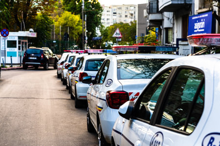 Romanian police (Politia Rutiera) car parked along the street in downtown Bucharest, Romania, 2021のeditorial素材