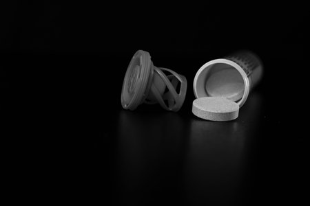 Selective focus on multivitamins effervescent tablets isolated on black. Bucharest, Romania, 2021