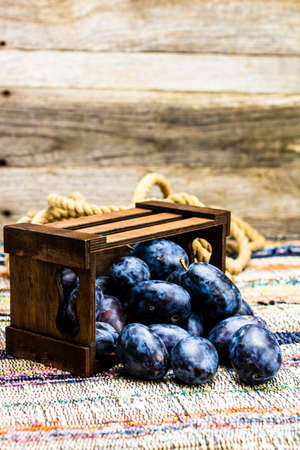 Ripe blue plums in a wooden crate in a rustic composition.の写真素材