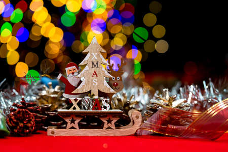 Christmas decoration, Christmas and New Year holidays background, winter season with Christmas ornaments and blurred lightsの写真素材