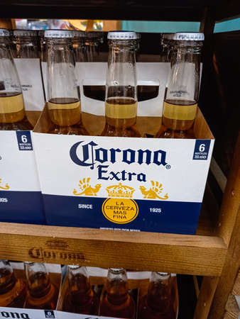 Bottles of Corona Extra Beer one of the top-selling beers worldwide. Illustrative editorial photoshoot in Romania, Bucharest, 2021のeditorial素材