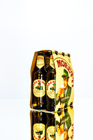 6 pack of Birra Moretti beer. Illustrative editorial photo Bucharest, Romania, 2021のeditorial素材