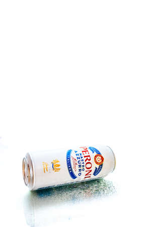 Can of Peroni Nastro Azzurro beer in Bucharest, Romania, 2021のeditorial素材