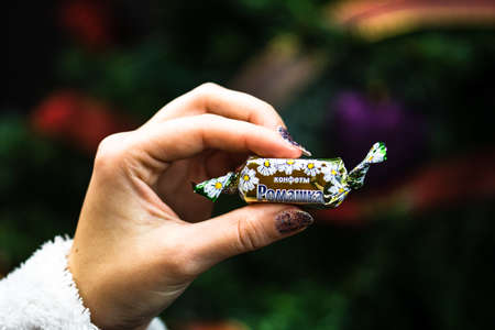 Hand holding chocolate candies in front of the Christmas tree. Candies for Chritmas in Bucharest, Romania, 2021のeditorial素材