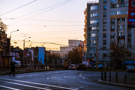 Cars in traffic at rush hour in downtown area of the city. Car pollution, traffic jam in the morning and evening in the capital city of Bucharest, Romania, 2021のeditorial素材