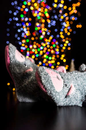 Legs in winter Christmas socks on blurred lightsの写真素材