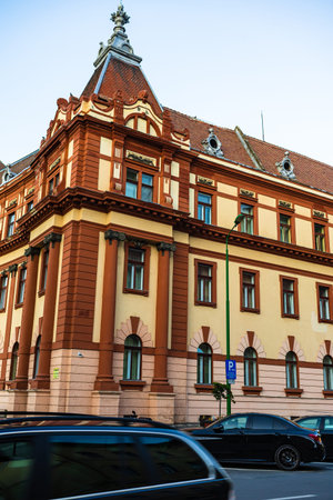 View of Justice Palace facade building which currently houses the Brasov Prefecture, the County...