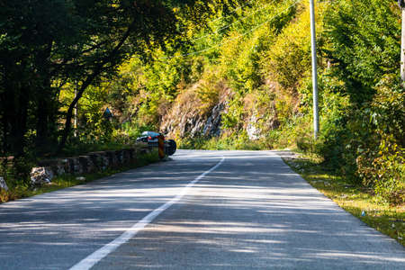 View through car windshield of  mountain road between the trees on sunny day.の写真素材