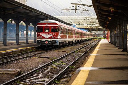 Train in motion or at train platform at Bucharest North Railway Station (Gara de Nord Bucharest) in Bucharest, Romania, 2022のeditorial素材