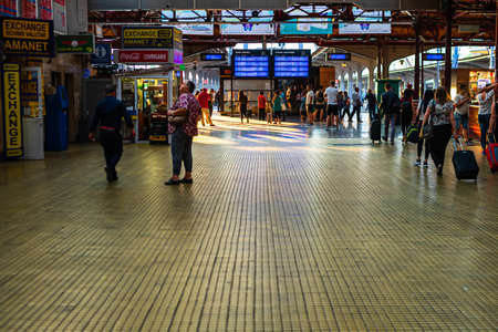 Travelers and commuters waiting for a train on the train platform of Bucharest North Railway Station (Gara de Nord Bucharest) in Bucharest, Romania, 2022のeditorial素材