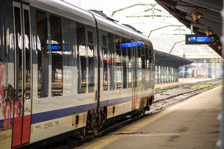 Train in motion or at train platform at Bucharest North Railway Station (Gara de Nord Bucharest) in...