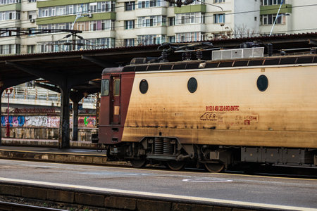 Train in motion or at train platform at Bucharest North Railway Station (Gara de Nord Bucharest) in Bucharest, Romania, 2022のeditorial素材