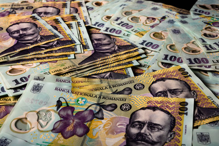 Stack of LEI Romanian money. RON Leu Money European Currency