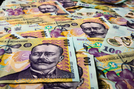 Stack of LEI Romanian money. RON Leu Money European Currency