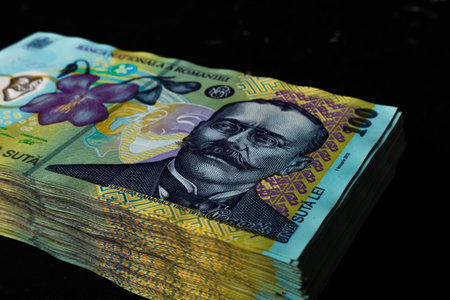 Stack of LEI Romanian money. RON Leu Money European Currency