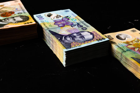 Stack of LEI Romanian money. RON Leu Money European Currency