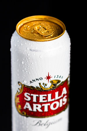 Condensation water droplets on Stella Artois beer can isolated on black. Bucharest, Romania, 2020のeditorial素材