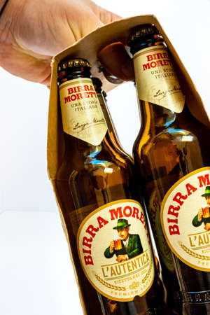 6 pack of Birra Moretti beer. Illustrative editorial photo Bucharest, Romania, 2021のeditorial素材