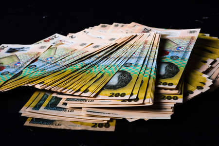 Stack of LEI Romanian money. RON Leu Money European Currencyの写真素材