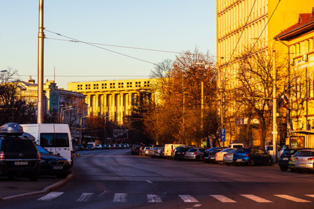 Cars in traffic at rush hour in downtown area of the city. Car pollution, traffic jam in the morning...