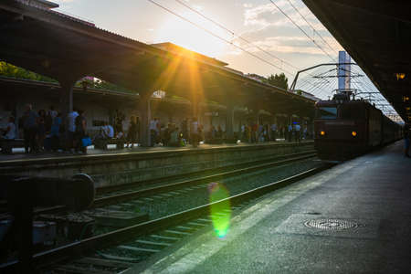 Train in motion or at train platform at Bucharest North Railway Station (Gara de Nord Bucharest) in Bucharest, Romania, 2022のeditorial素材
