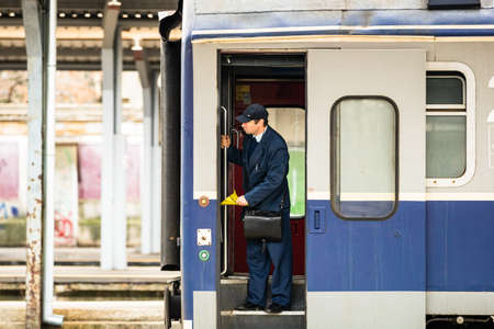 Train in motion or at train platform at Bucharest North Railway Station (Gara de Nord Bucharest) in Bucharest, Romania, 2022のeditorial素材