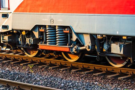 Detail of train suspension and wheels in Bucharest, Romania, 2022