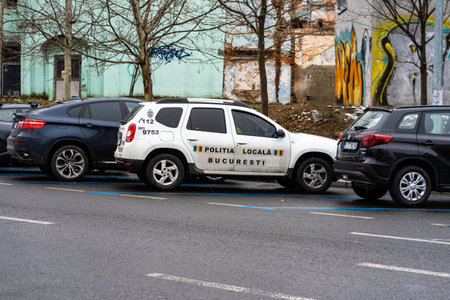 Police car in front of Northern Rail Station Bucharest, Romania, 2022