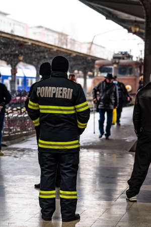 Romanian Firefighting emergency fireman (Pompierii) in Bucharest, Romania, 2022のeditorial素材