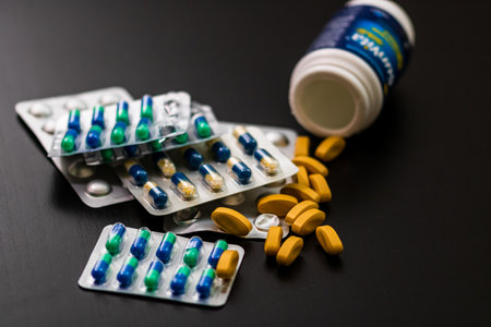 Drug capsule pills. Medicine and vitamins isolated in studio Bucharest, Romania, 2021のeditorial素材