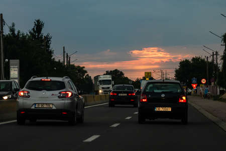Car traffic at rush hour. Car pollution, traffic jam in Bucharest, Romania, 2022のeditorial素材