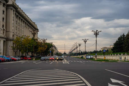 Car traffic at rush hour. Car pollution, traffic jam in Bucharest, Romania, 2022のeditorial素材