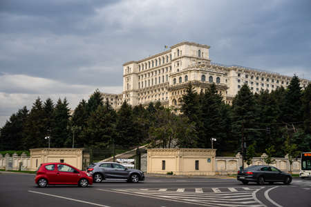 Car traffic at rush hour. Car pollution, traffic jam in Bucharest, Romania, 2022のeditorial素材