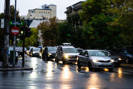 Car traffic at rush hour. Car pollution, traffic jam in Bucharest, Romania, 2022のeditorial素材