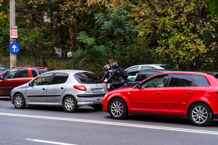 Car traffic at rush hour. Car pollution, traffic jam in Bucharest, Romania, 2022のeditorial素材