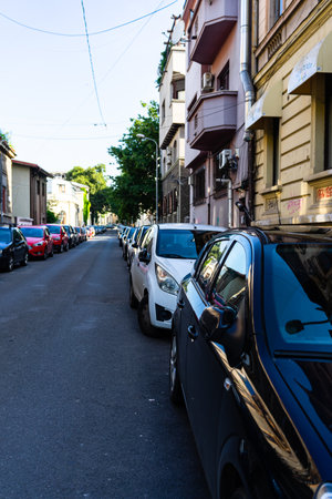 Car traffic at rush hour. Car pollution, traffic jam in Bucharest, Romania, 2022のeditorial素材