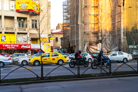 Car traffic, pollution, traffic jam in the morning and evening in the capital city of Bucharest, Romania, 2022のeditorial素材