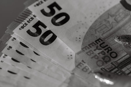 Giving money like a bribe or tips. Holding EURO banknotes in black and white