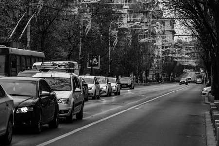 Car traffic, pollution, traffic jam city downtown Bucharest, Romania, 2022のeditorial素材