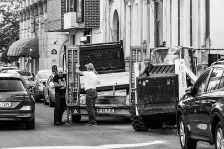 Car traffic, pollution, traffic jam city downtown Bucharest, Romania, 2022のeditorial素材