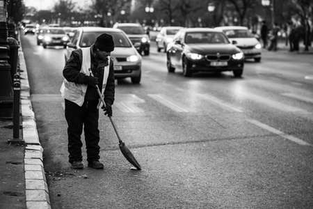 Car traffic, pollution, traffic jam city downtown Bucharest, Romania, 2022のeditorial素材