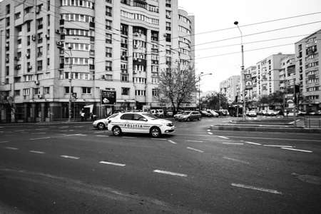 Car traffic, pollution, traffic jam city downtown Bucharest, Romania, 2022のeditorial素材