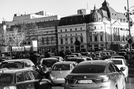 Car traffic, pollution, traffic jam city downtown Bucharest, Romania, 2022のeditorial素材