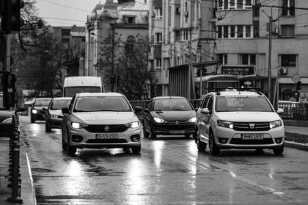 Car traffic, pollution, traffic jam city downtown Bucharest, Romania, 2022のeditorial素材
