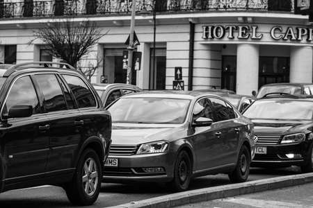 Car traffic, pollution, traffic jam city downtown Bucharest, Romania, 2022のeditorial素材