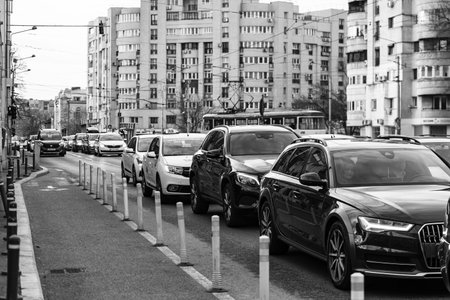 Car traffic, pollution, traffic jam city downtown Bucharest, Romania, 2022