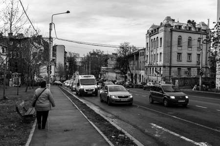 Car traffic, pollution, traffic jam city downtown Bucharest, Romania, 2022のeditorial素材