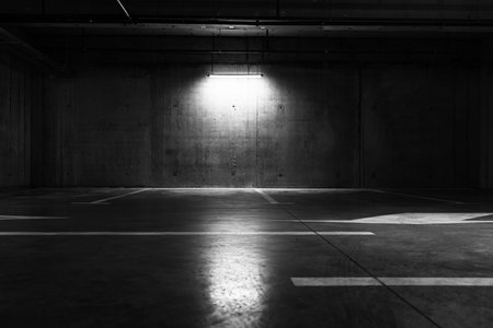 Empty parking lot at underground parking garageの写真素材