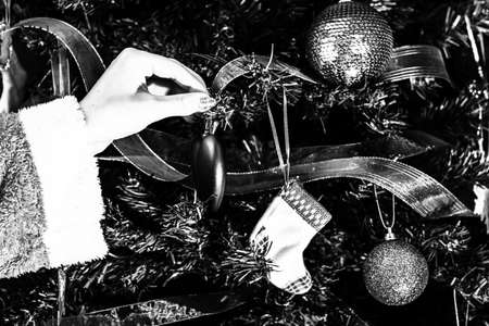 Decorated Christmas ornaments and blurred lightsの写真素材